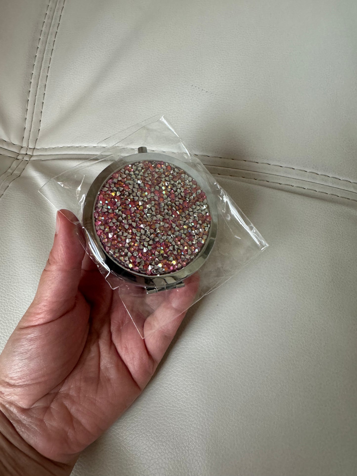 Pink Rhinestone Compact Handheld Mirror