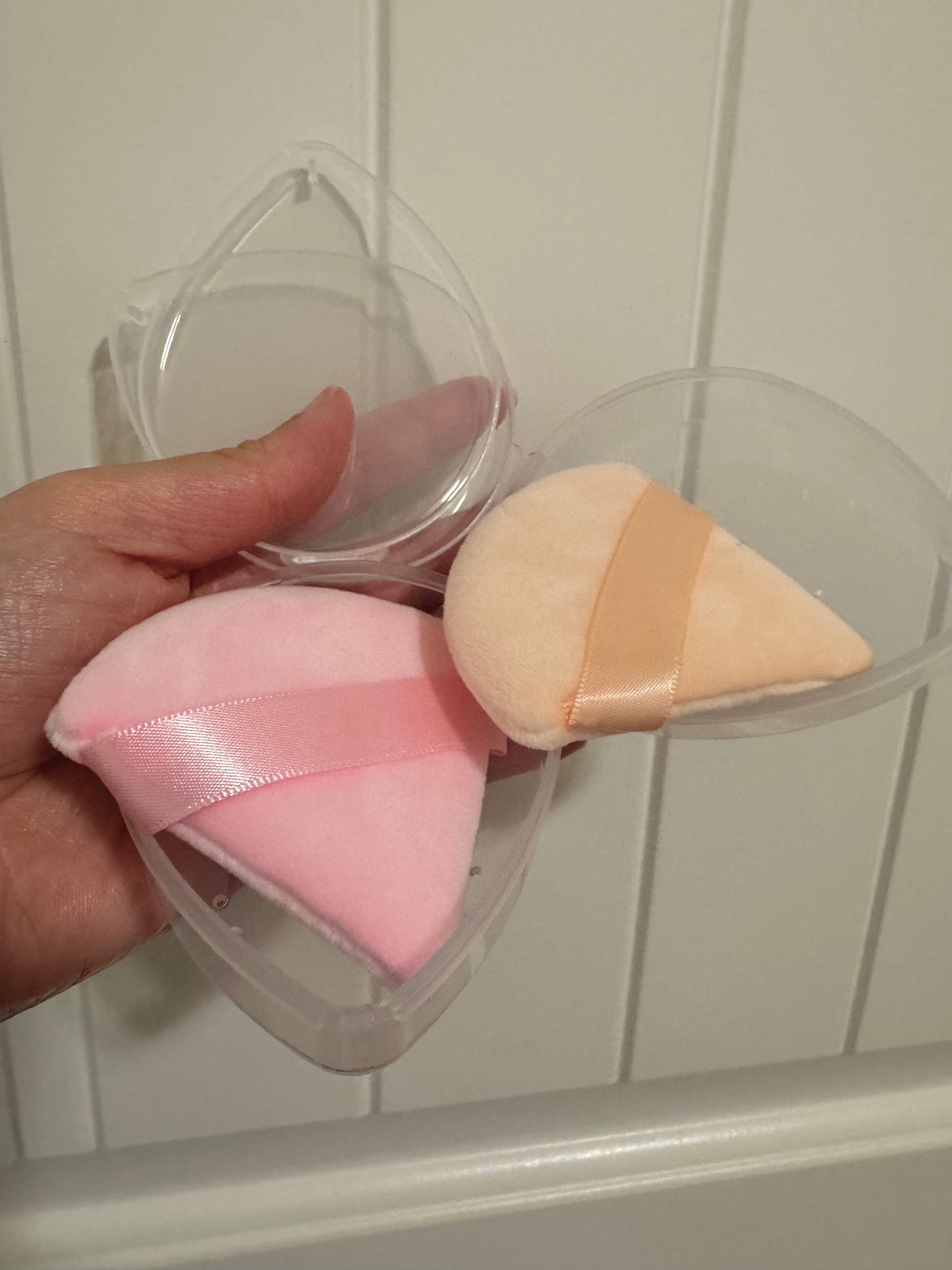 Set of Two Triangle Powder Puffs and Plastic Breathable Covers