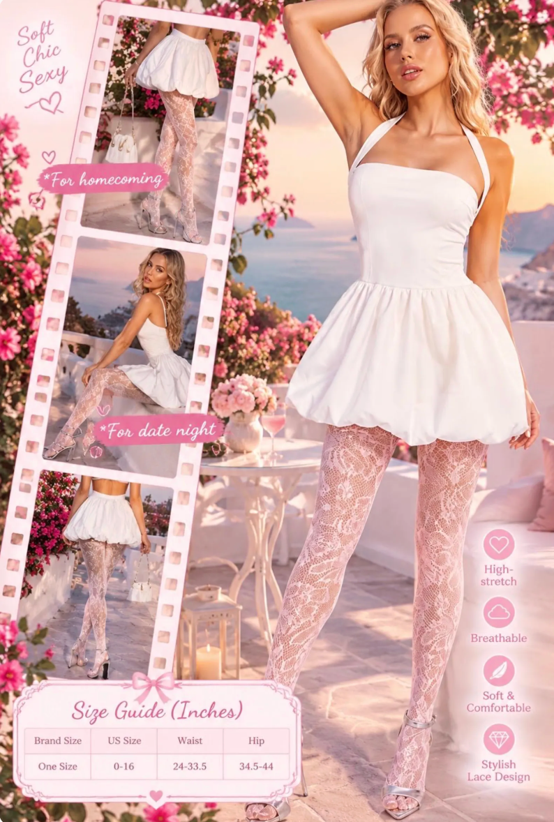 Pink Floral Lace Fishnet Tights: High Waist Pantyhose