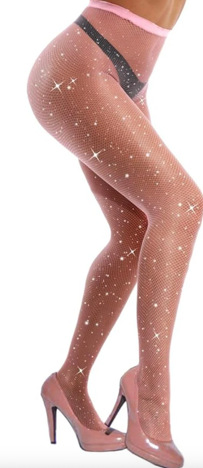 Pink Rhinestone Fishnet Tights: High Waist Sparkle Pantyhose