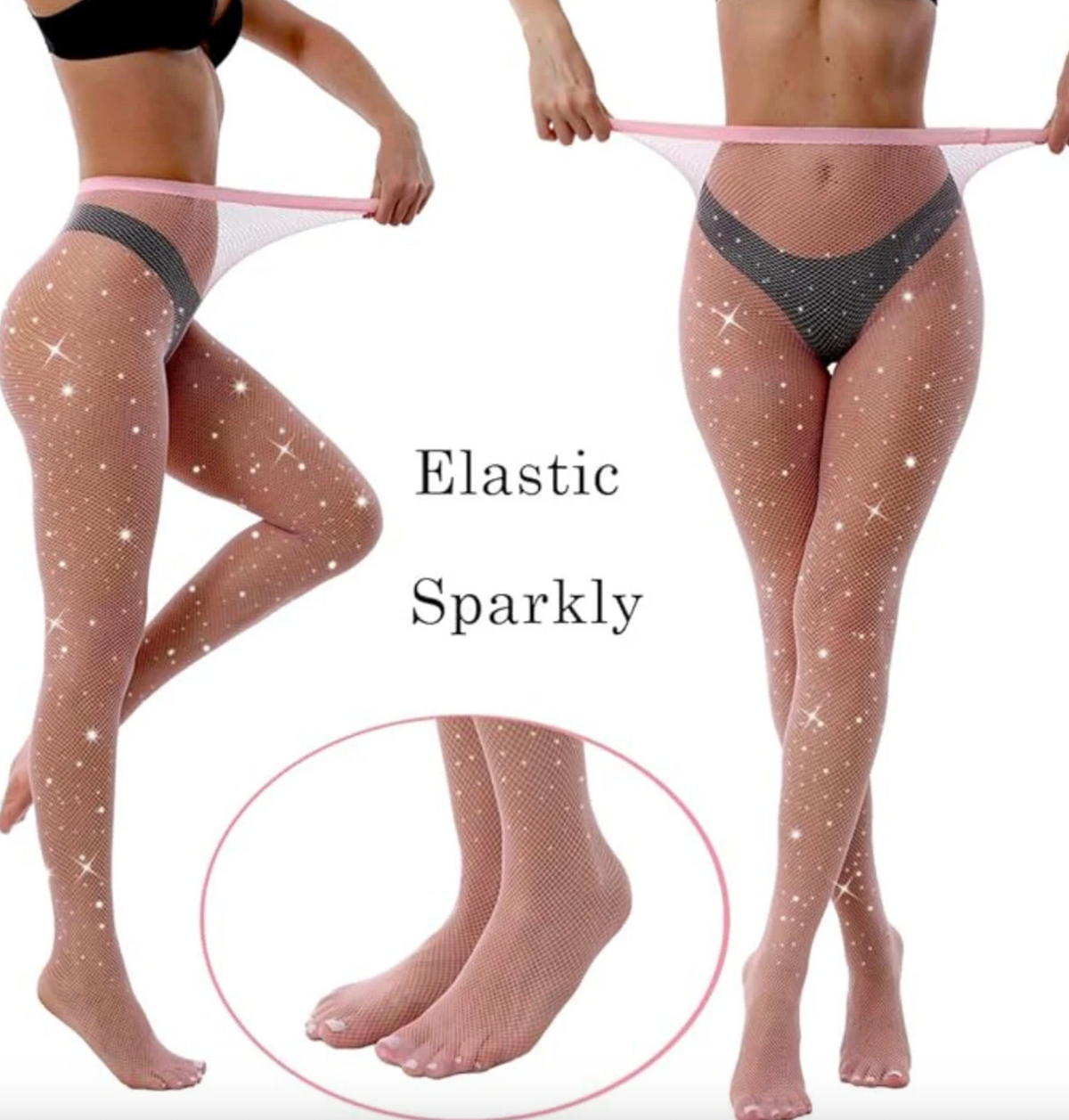 Pink Rhinestone Fishnet Tights: High Waist Sparkle Pantyhose