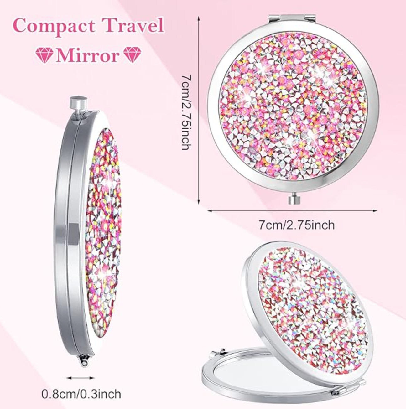 Pink Rhinestone Compact Handheld Mirror