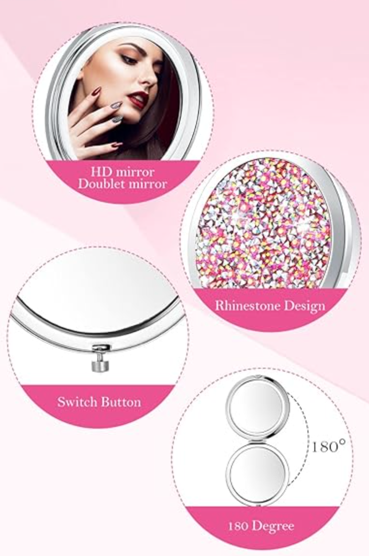 Pink Rhinestone Compact Handheld Mirror