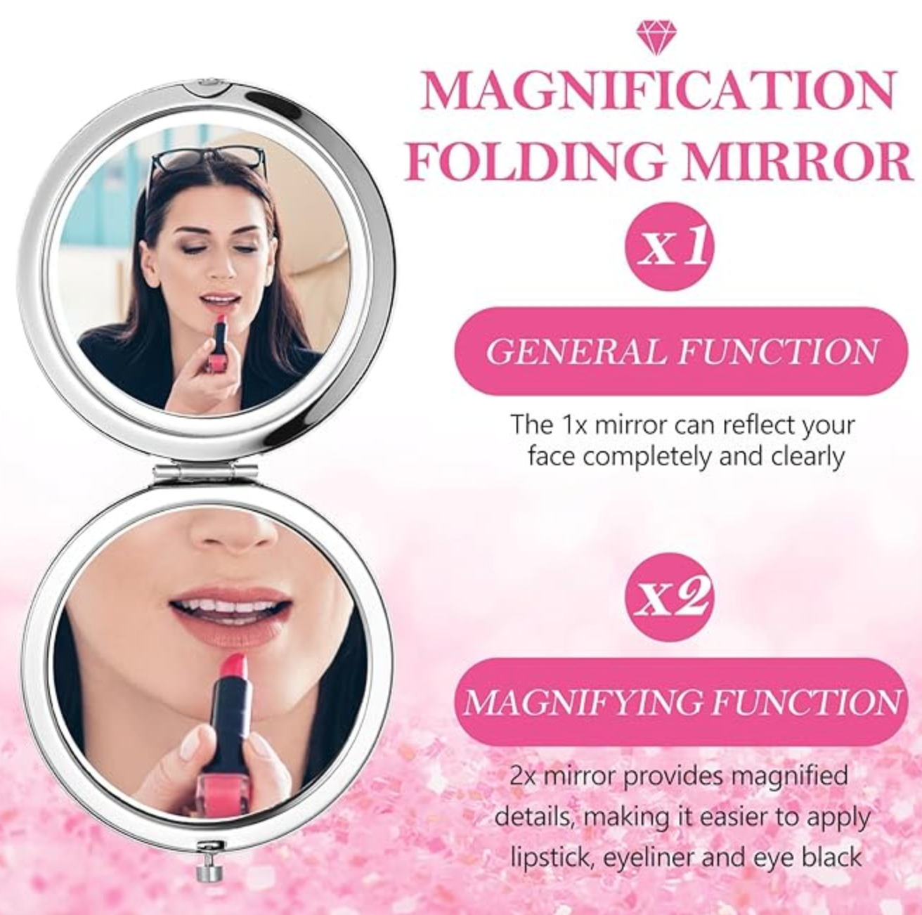 Pink Rhinestone Compact Handheld Mirror