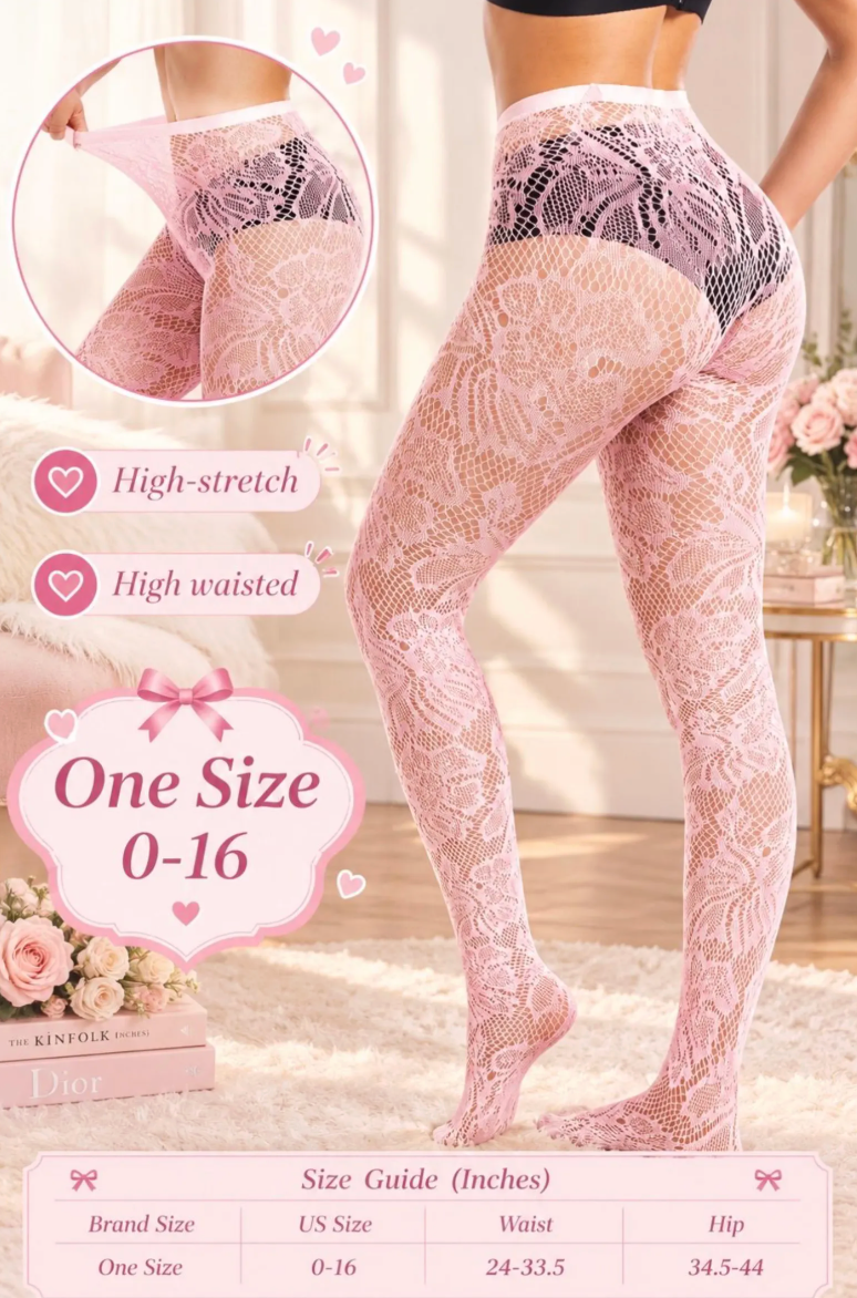 Pink Floral Lace Fishnet Tights: High Waist Pantyhose