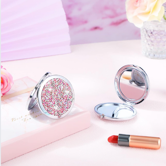 Pink Rhinestone Compact Handheld Mirror