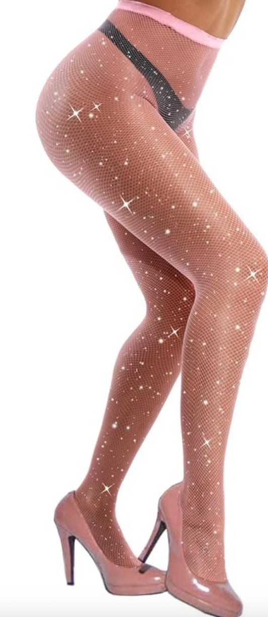 Pink Rhinestone Fishnet Tights: High Waist Sparkle Pantyhose